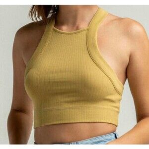 INTIMATELY FREE PEOPLE Catch Up Green/ Yellow Ribbed Crop Top Women’s Size L